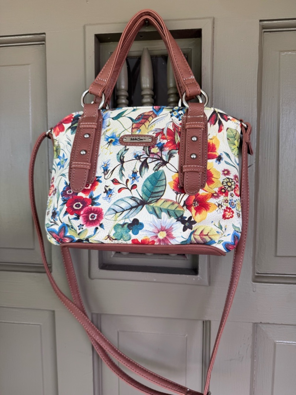 Floral Multi-sack  Print Crossbody Satchel with Brown Trim